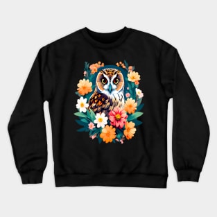 A Cute Short Eared Owl Surrounded by Bold Vibrant Spring Flowers Crewneck Sweatshirt